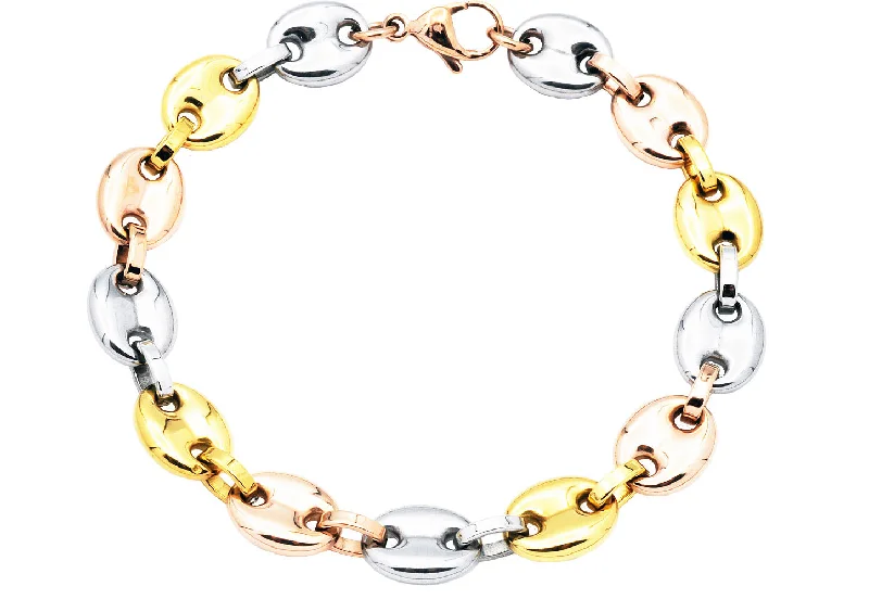 Women’s statement bangle-Mens Tri Color Stainless Steel Puff Mariner Link Chain Bracelet