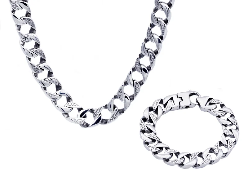 Women’s beaded bracelet-Mens 14mm Stainless Steel Pave Cuban Link Bracelet & Necklace Chain Set