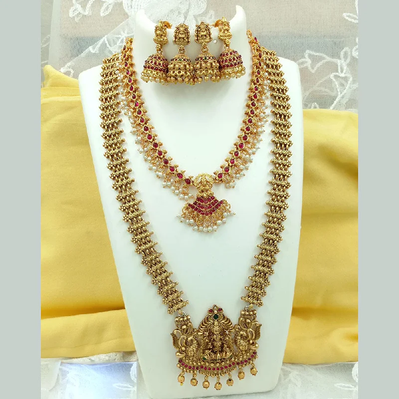 Women’s rose gold necklace-Joyful Jewel Art Matte Gold Plated Kundan Stone And Temple Double Necklace Set