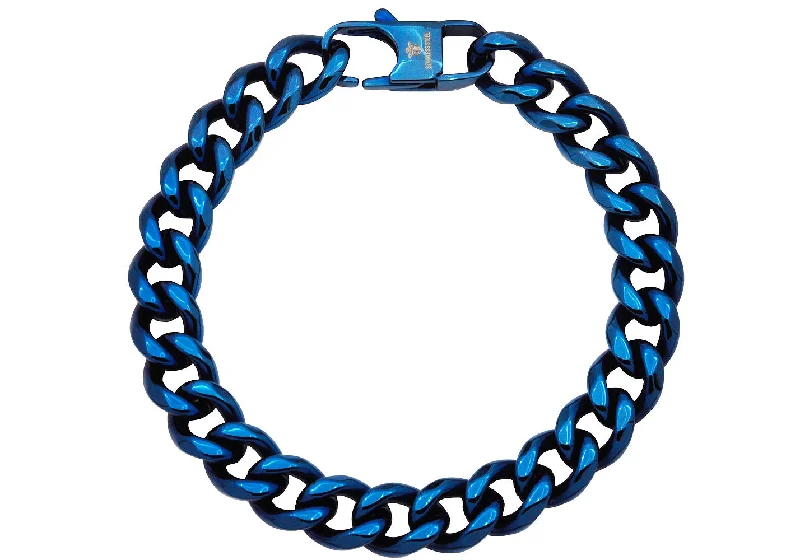 Women’s trendy bracelet-Mens 10mm Blue Plated Stainless Steel Cuban Link Chain Bracelet