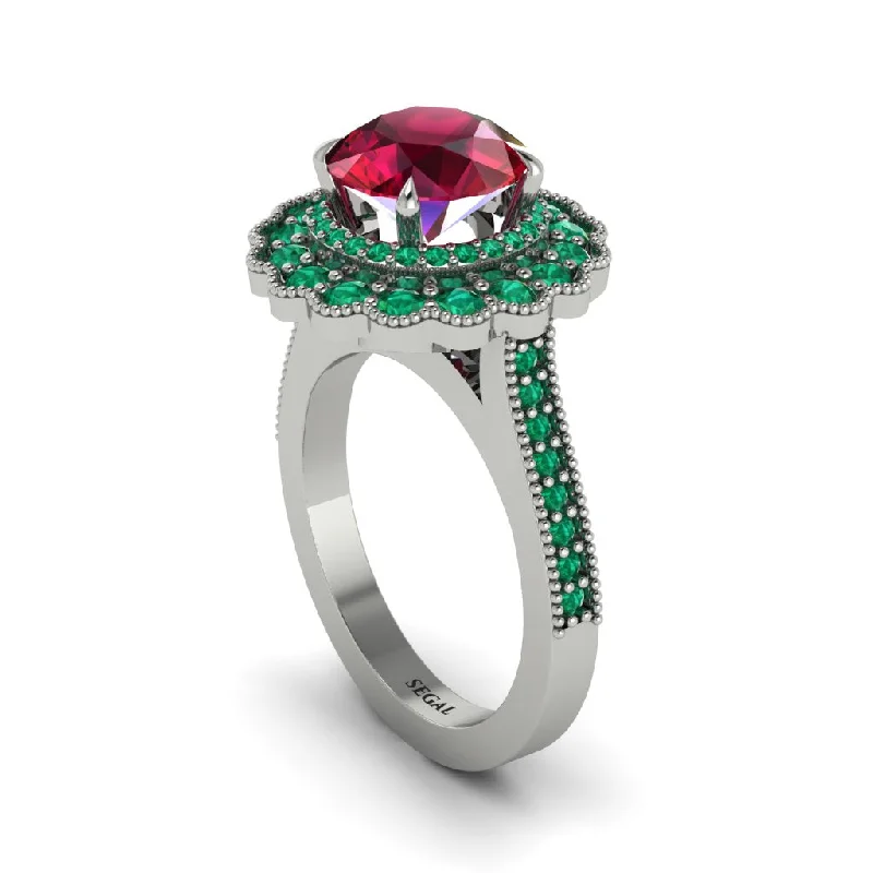 Women’s bridal engagement ring-Emerald Double Halo Cathedral Engagement Ring - Deirdre No. 27