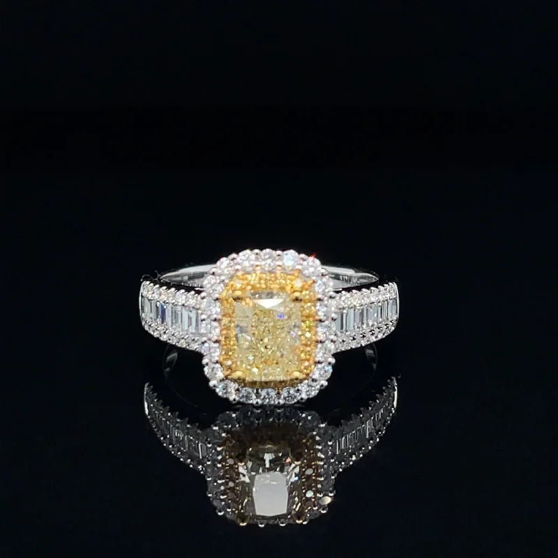 Women’s wedding diamond ring-Fancy Yellow & White Diamond Halo Baguette Engagement Ring - #537 - RGDIA668966