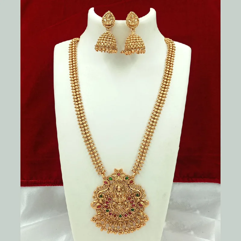 Women’s chic necklace-Joyful Jewel Art Matte Gold Plated Kundan Stone Temple Necklace Set