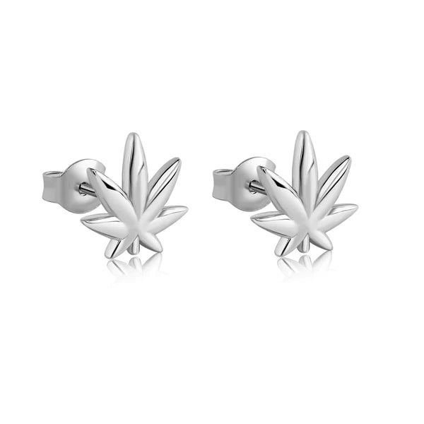 Women’s casual earrings-Silver 925 Rhodium Plated Cannabis Stud Earrings