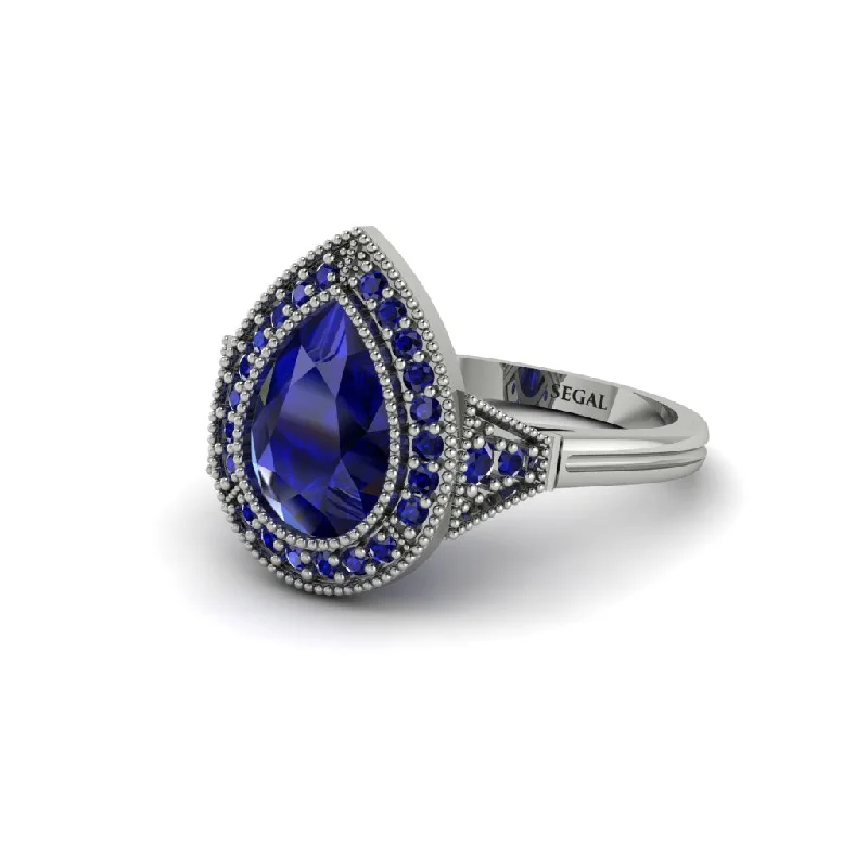 Women’s gemstone halo engagement ring-Pear Cut Sapphire Milgrain Halo Engagement Ring - Daleyza No. 75