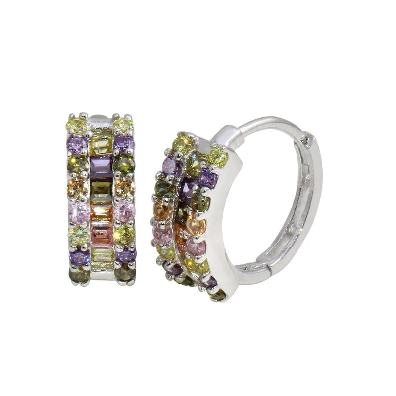 Women’s gemstone stud earrings-Silver 925 Rhodium Plated Multi-Colored CZ Stone huggiehoop Earrings