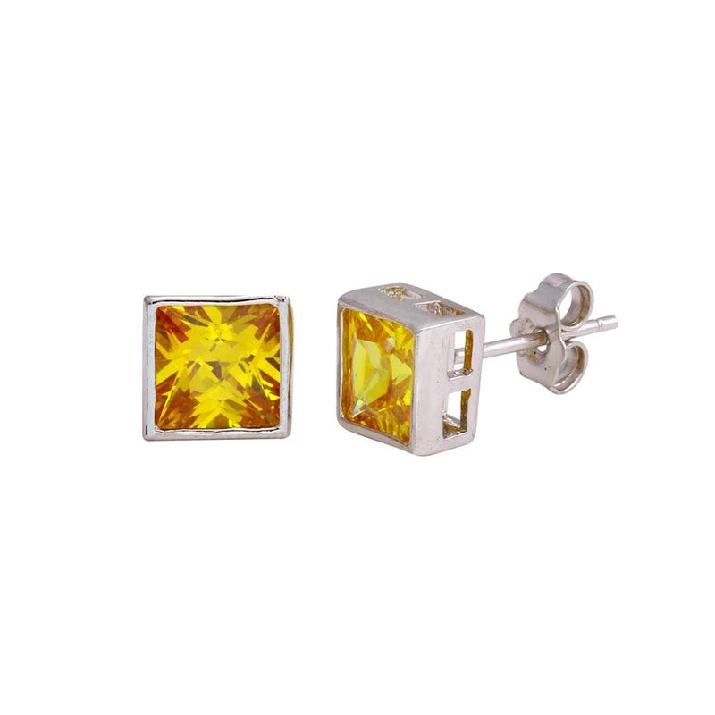 Women’s luxury earrings-Silver 925 Rhodium Plated Square Yellow CZ Stud Earrings