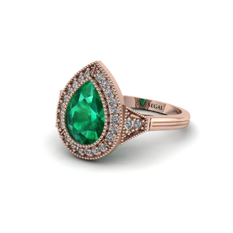 Women’s solitaire engagement ring-Pear Cut Emerald Milgrain Halo Engagement Ring - Daleyza No. 5