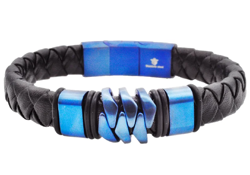 Women’s simple bangle-Mens Genuine Black Leather Blue Stainless Steel Bracelet