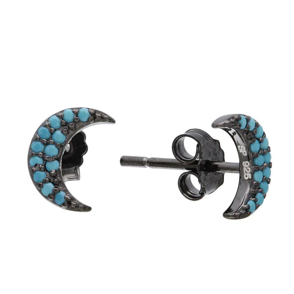 Women’s stylish earrings-Silver 925 Black Rhodium Plated Half Moon Turquoise Stone Earrings