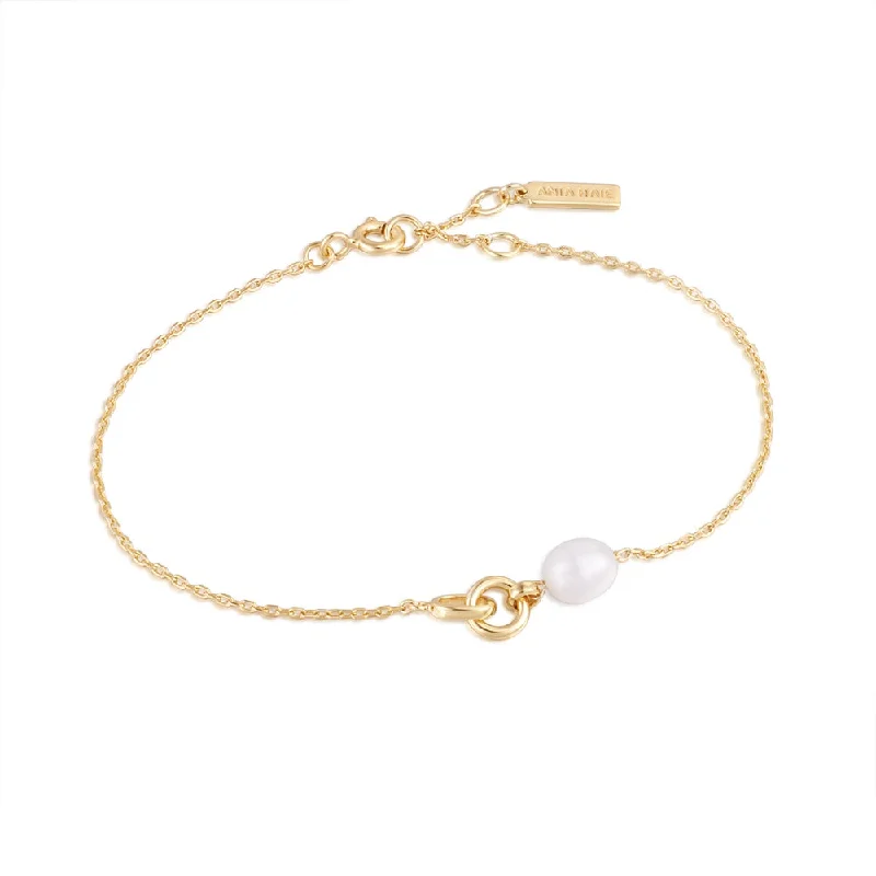 Women’s art deco bracelet-14K Yellow Gold Plated Pearl Interlocking Link Bracelet by Ania Haie