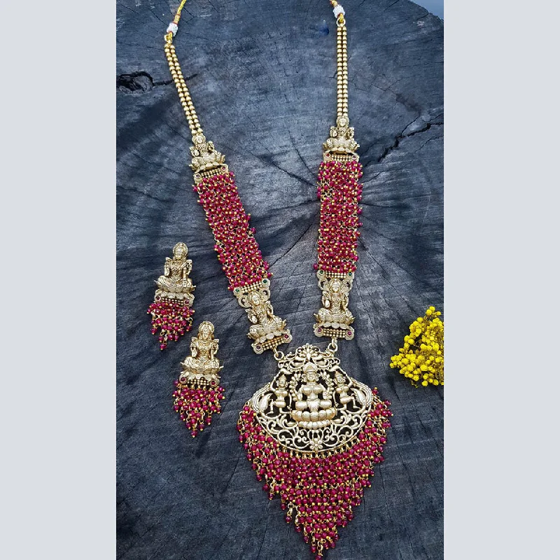 Women’s creative pendant necklace-Sangita Creation  Copper Gold  Pota Stone Temple Long  Necklace Set