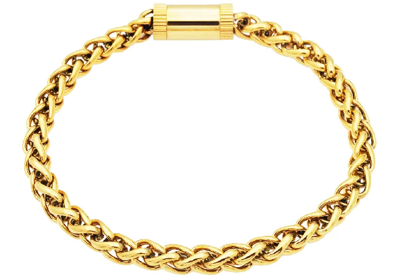 Women’s engraved bracelet-Mens Gold Plated Stainless Steel Wheat Link Chain Bracelet With Magnetic Clasp