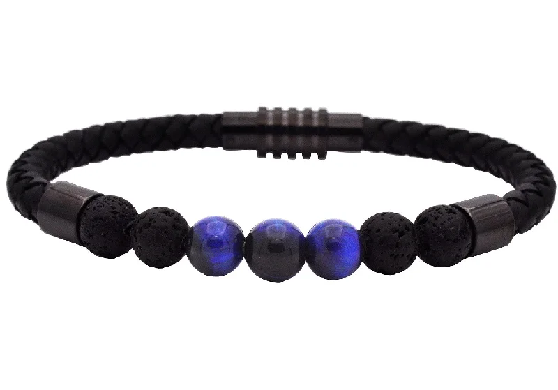 Women’s chunky bracelet-Mens Genuine Blue Tiger Eye and Lava Stone Black Leather Stainless Steel Bracelet