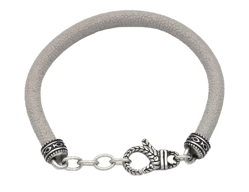 Women’s simple bracelet-Mens Silver Stingray Leather Stainless Steel Bracelet