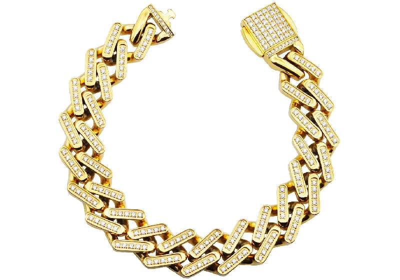 Women’s statement bracelet-Mens Gold Stainless Steel 14mm Monaco Link Chain Bracelet With Cubic Zirconia