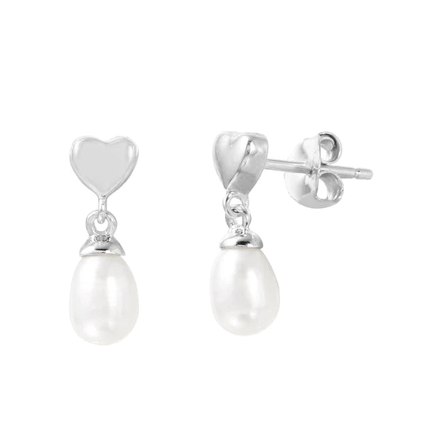 Women’s gemstone earrings-Silver 925 Rhodium Plated Heart with Dangling Fresh Water Pearl Post Earrings