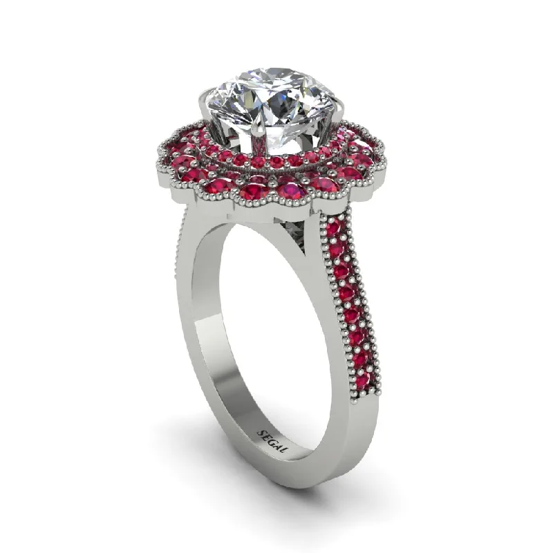 Women’s cushion cut diamond engagement ring-Ruby Double Halo Cathedral Engagement Ring - Deirdre No. 48