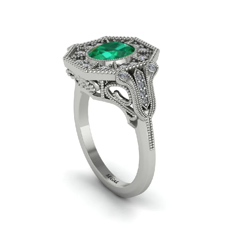 Women’s unique engagement ring setting-Emerald Oval Cut Art Deco Engagement Ring - Tabitha No. 6