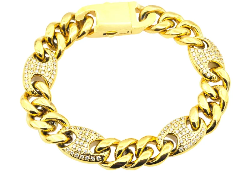 Women’s thick bracelet-Mens 10mm Gold Plated Stainless Steel Mariner Curb Chain Bracelet With Cubic Zirconia