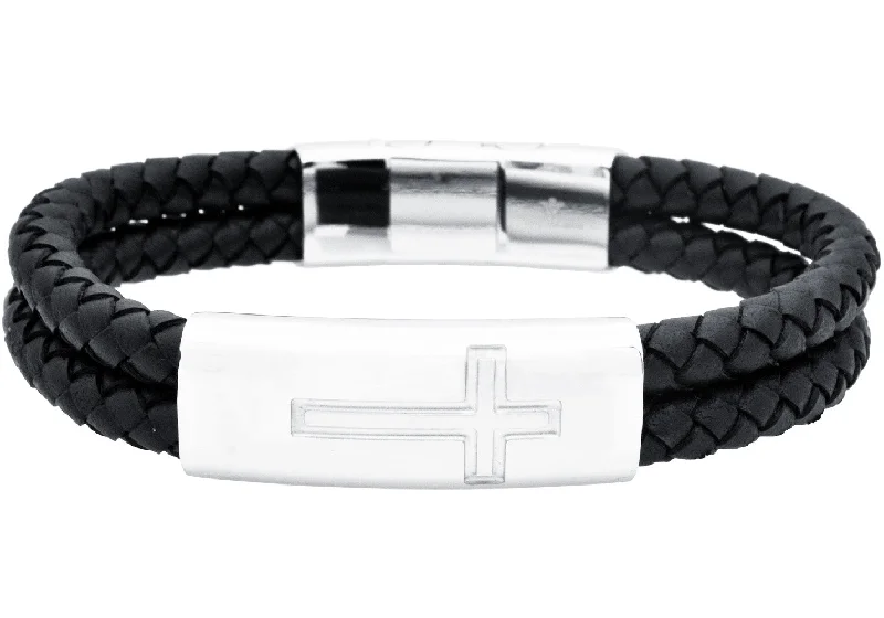 Women’s round bangle-Mens Double Strand Black Leather Stainless Steel Cross Bracelet