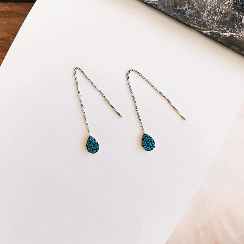 Women’s sapphire earrings-Turquoise Teardrop Thread Earrings - Sterling Silver