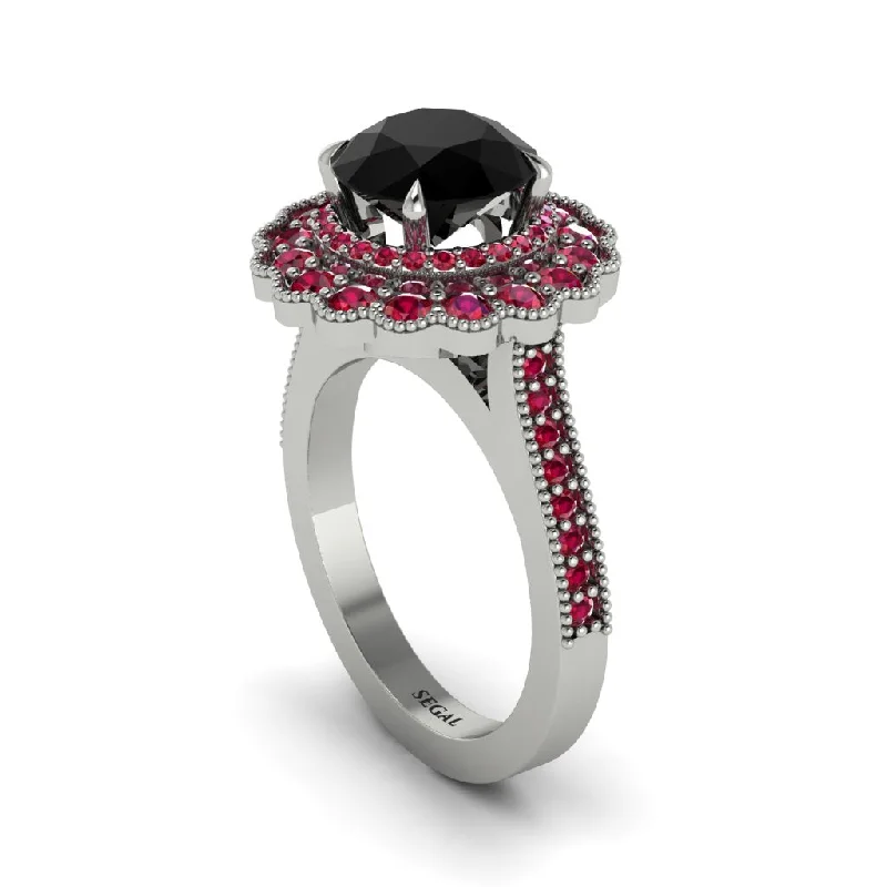 Women’s trendy engagement ring-Ruby Double Halo Cathedral Engagement Ring - Deirdre No. 54