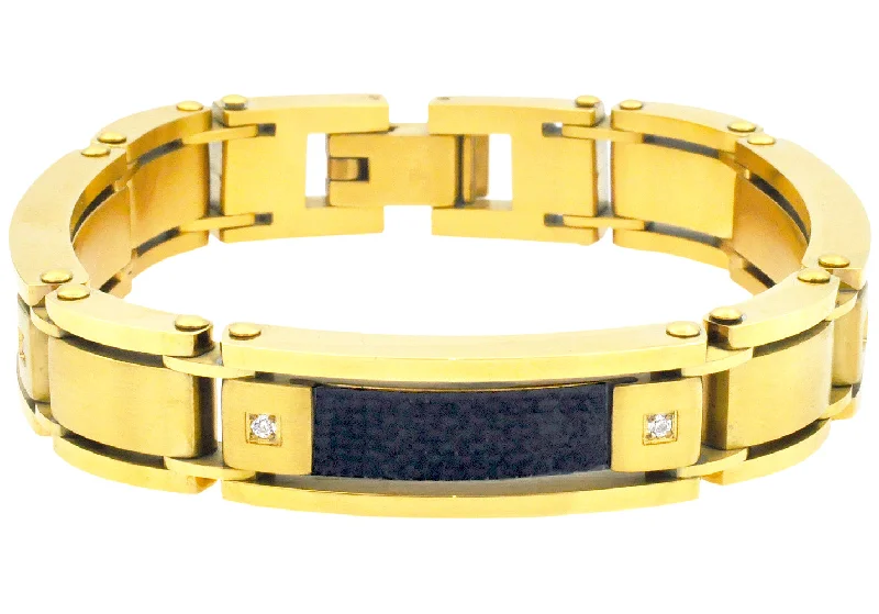 Women’s bridal bangle-Mens Stainless Gold Plated Steel Bracelet With Carbon Fiber And Cubic Zirconia