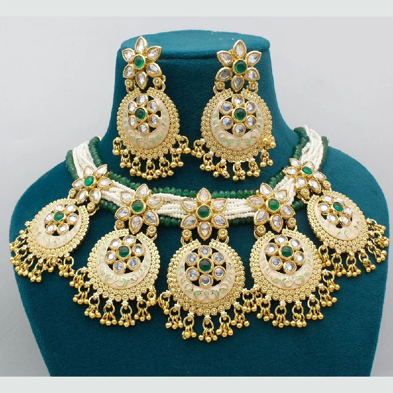 Women’s birthstone necklace-JCM Gold Plated Crystal Stone And Peals Meenakari Necklace Set