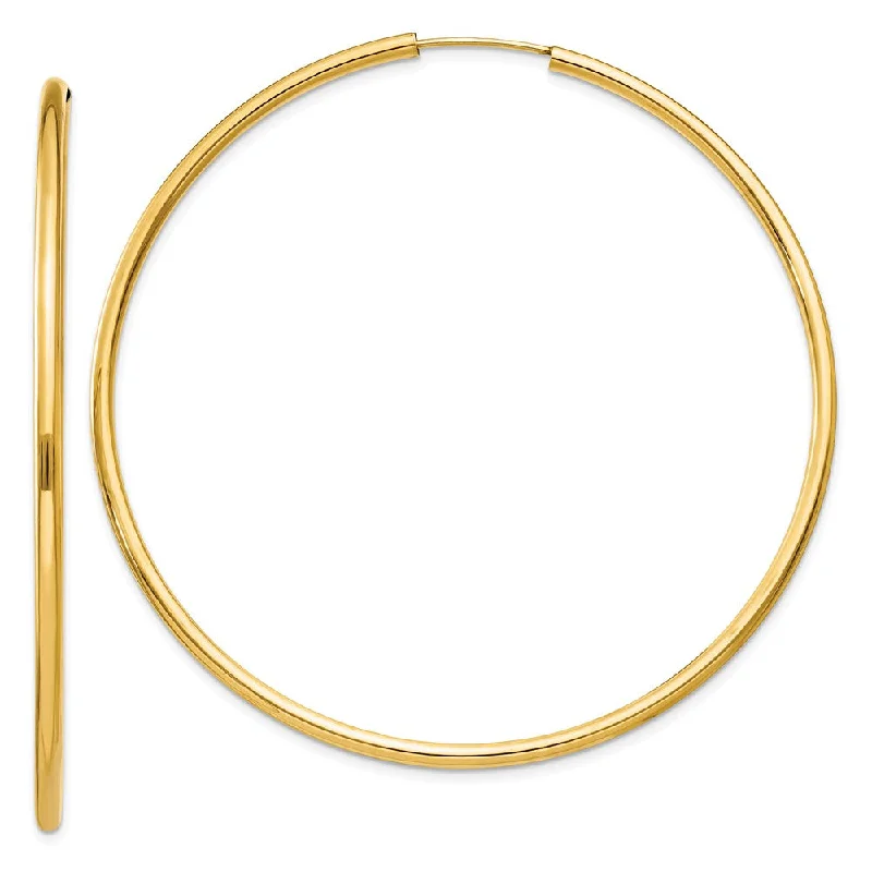 Women’s classic hoop earrings-2mm x 60mm 14k Yellow Gold Polished Round Endless Hoop Earrings