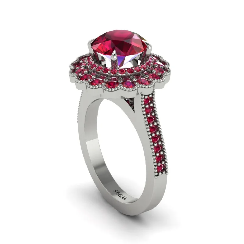 Women’s wedding diamond ring-Ruby Double Halo Cathedral Engagement Ring - Deirdre No. 57