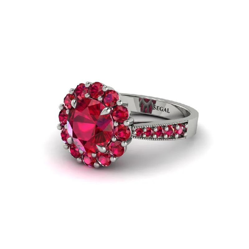 Women’s contemporary engagement ring-Ruby Round Halo Engagement Ring - Unity No. 57