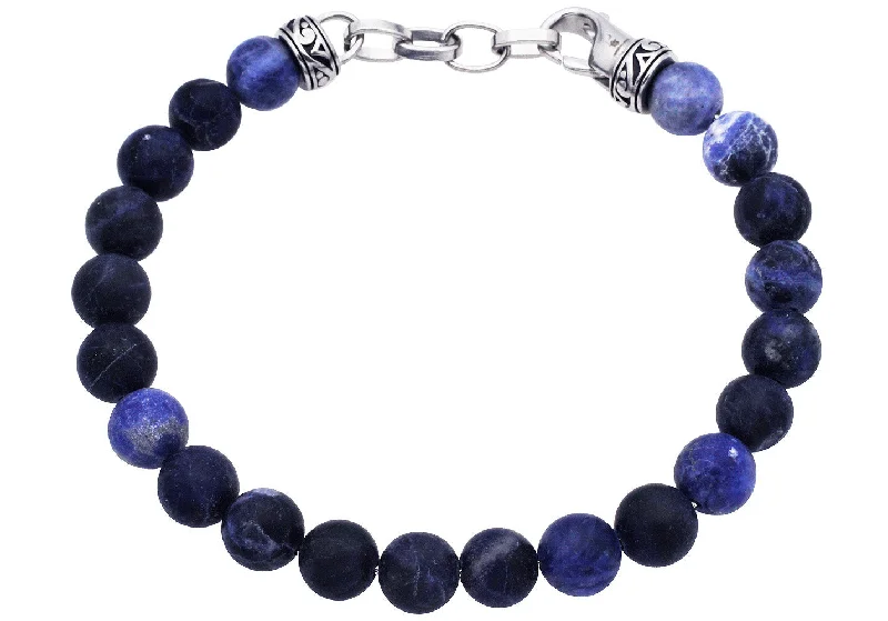 Women’s silver bangle-Mens Genuine 8mm Sodalite Bead Stainless Steel Bracelet