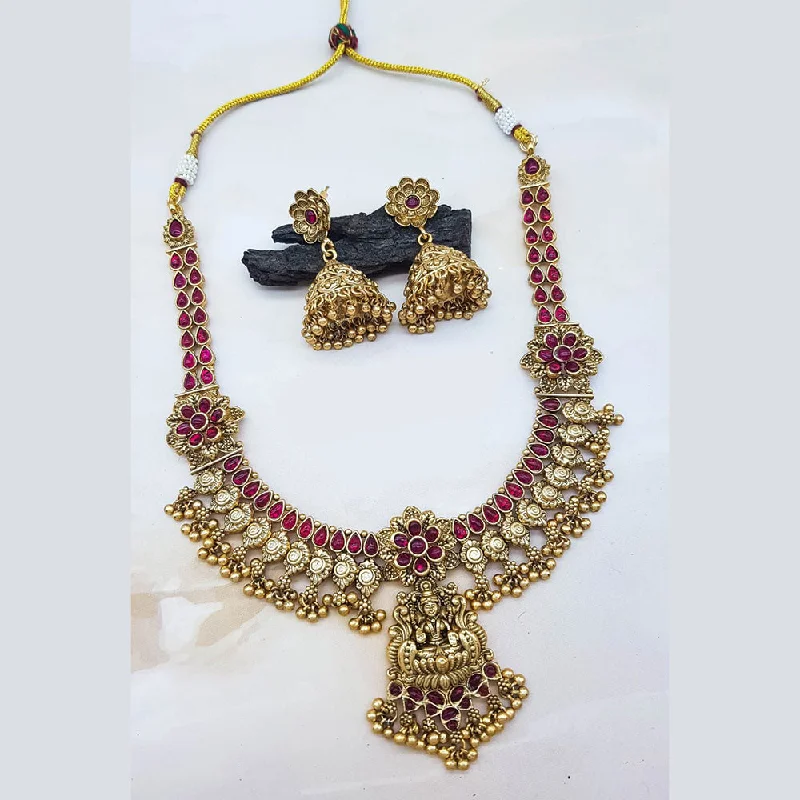 Women’s vintage-inspired necklace-Sangita Creation  Copper Gold  Pota Stone Temple Long  Necklace Set