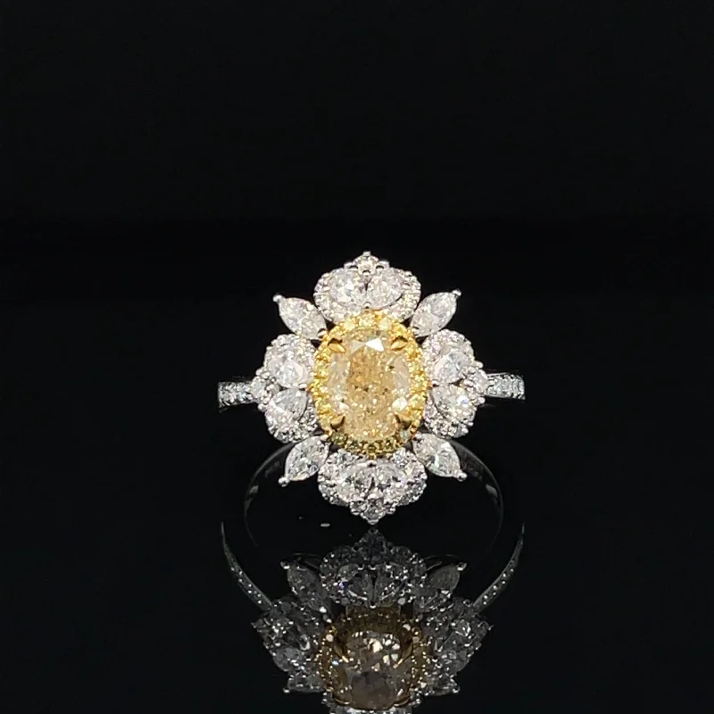 Women’s three stone engagement ring-Fancy Yellow & White Diamond Floral Cluster Vintage Engagement Ring in 18k Two-Tone Gold - #529 - RGDIA668960