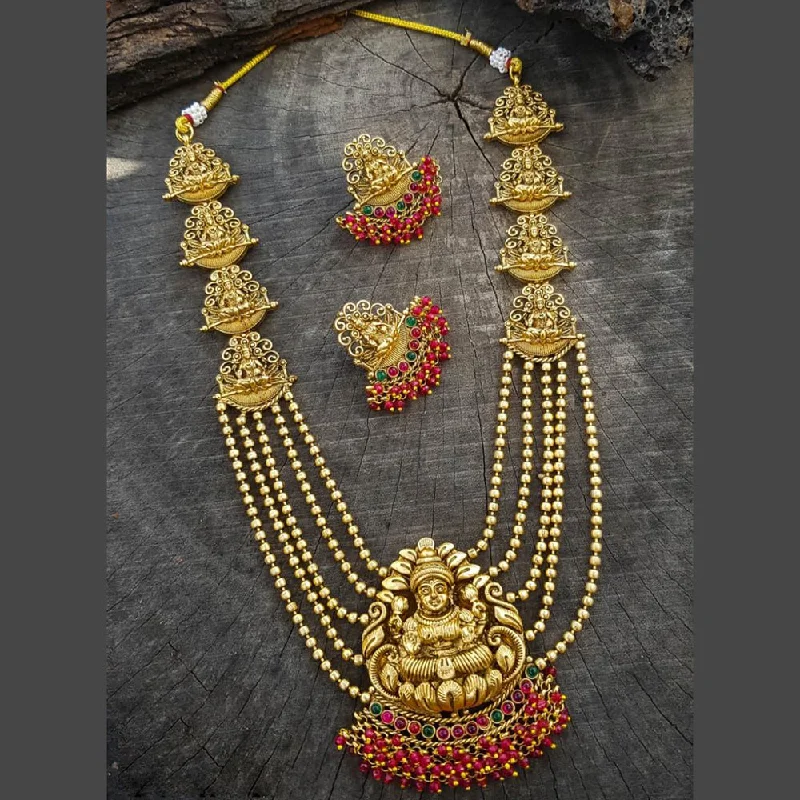 Women’s statement necklace-Sangita Creation  Copper Gold  Pota Stone Temple Long  Necklace Set