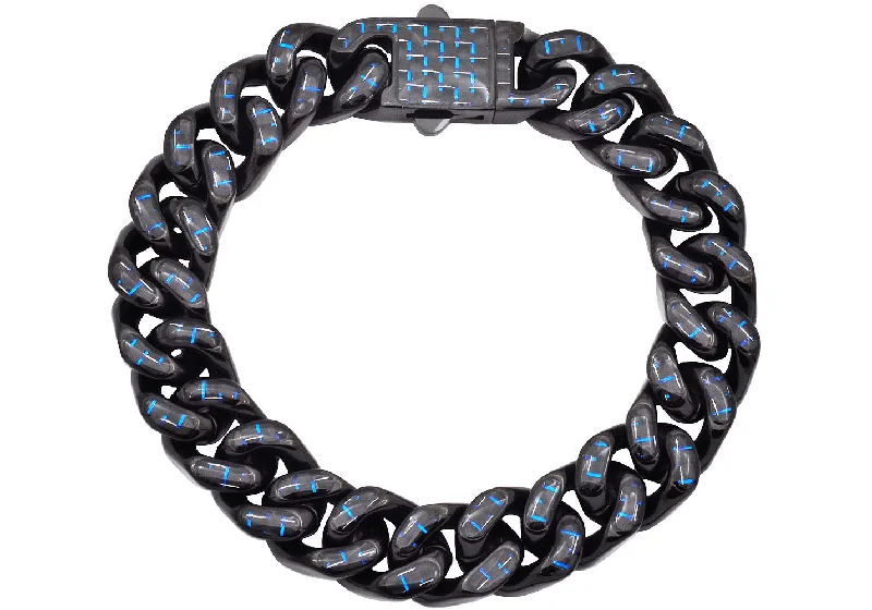 Women’s infinity bangle-Men's 12mm Black Plated Stainless Steel Cuban Link Chain Bracelet With Blue Carbon Fiber