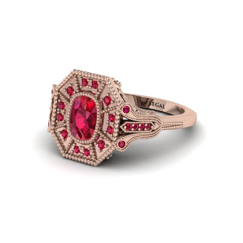 Women’s oval diamond ring-Ruby Cushion Cut Art Deco Engagement Ring - Alicia No. 56