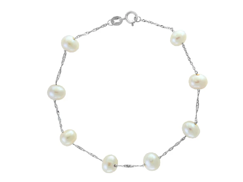 Women’s chunky gold bracelet-14K White Gold 6-6.5mm Freshwater Pearl Station Bracelet