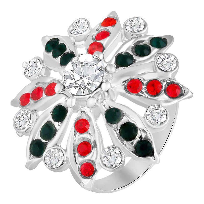 Women’s emerald ring-Mahi Floral Look Adjustable Finger Ring with Red, Green Artificial Pearl & Crystal for Women (FR1103192RGreRed)