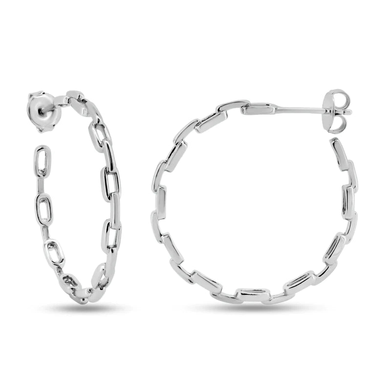 Women’s funky earrings-Silver 925 Rhodium Plated Link Design Semi Hoop Earrings