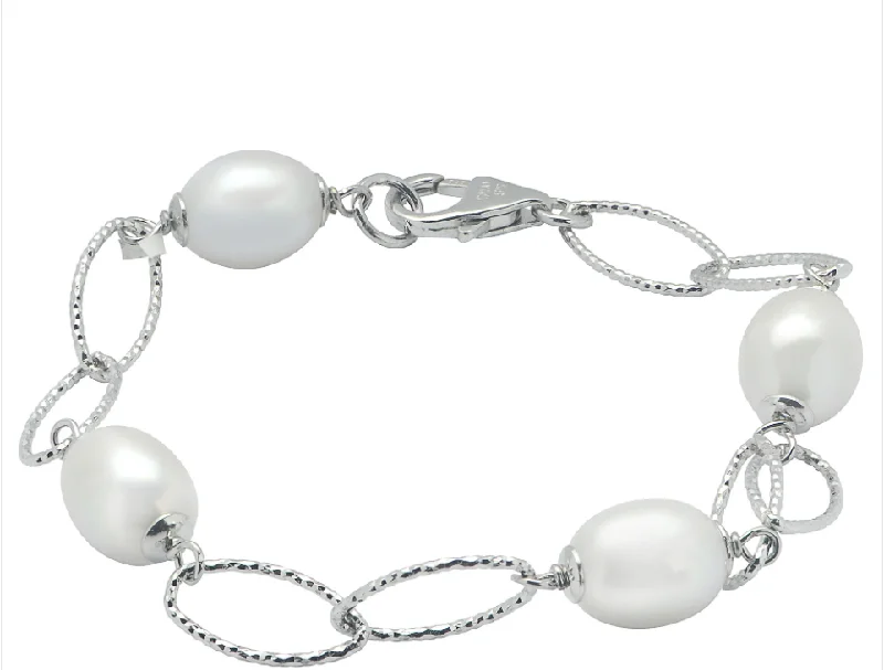 Women’s wedding bangle-Sterling Silver 8.5-9mm Oval Freshwater Pearl Station Bracelet