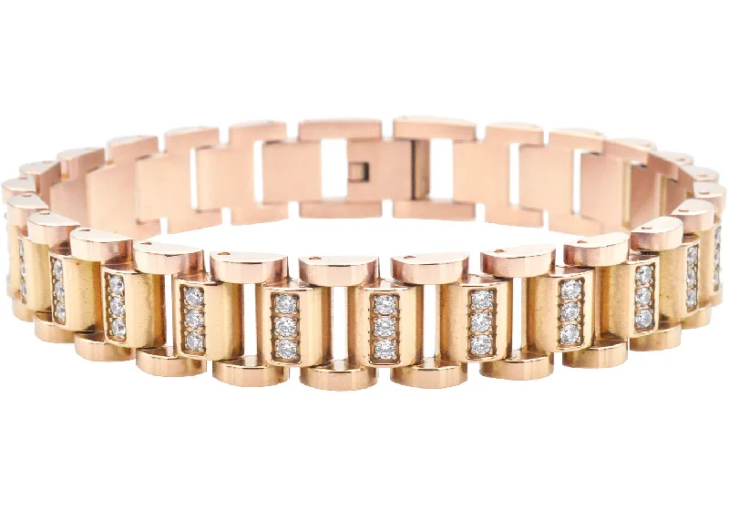 Women’s birthstone bracelet-Mens Rose Gold Stainless Steel Watch Link Bracelet With Cubic Zirconia