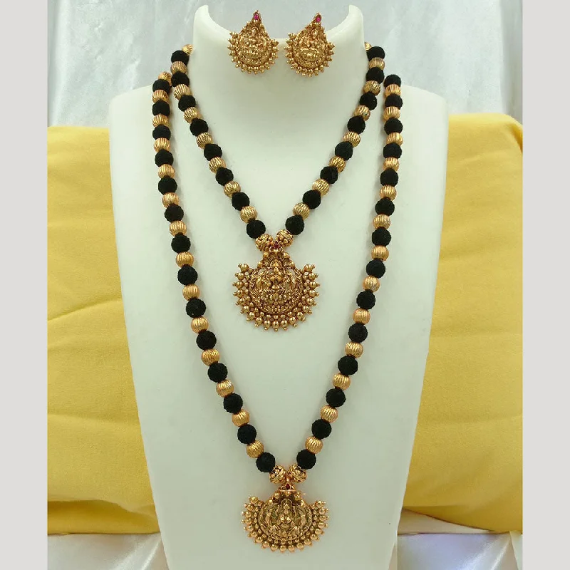 Women’s statement piece necklace-Joyful Jewel Art Matte Gold Plated Kundan Stone And Temple Double Necklace Set