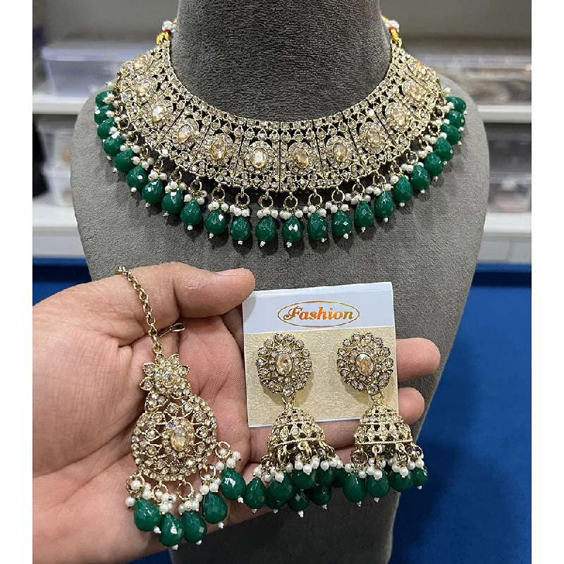 Women’s chunky gold necklace-Hira Collections Gold Plated Crystal Stone And Beads Necklace Set