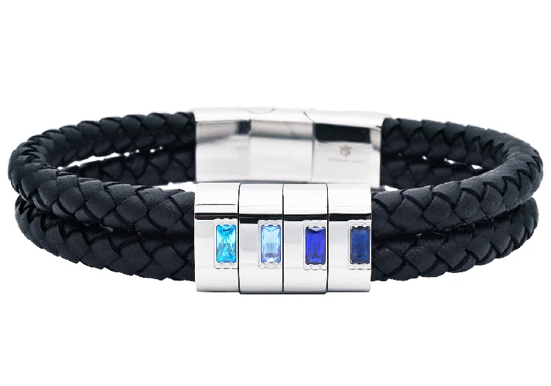 Women’s thick bracelet-Men's Double Strand Black Leather Stainless Steel Bracelet With Blue Cubic Zirconia