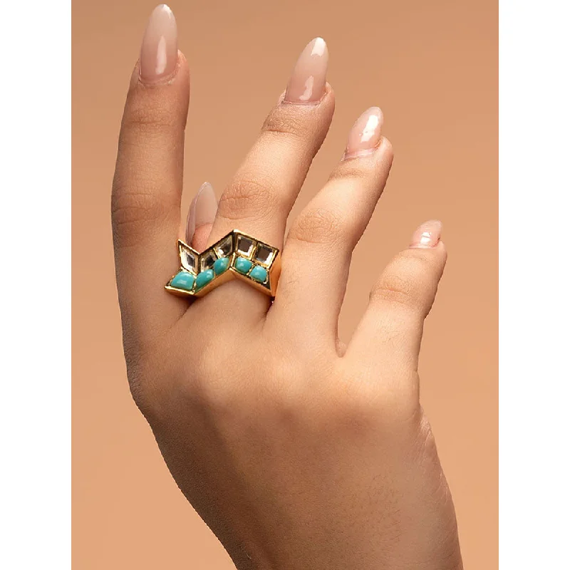 Women’s square gemstone ring-Isharya Glow Turquoise Zigzag Ring In 18Kt Gold Plated