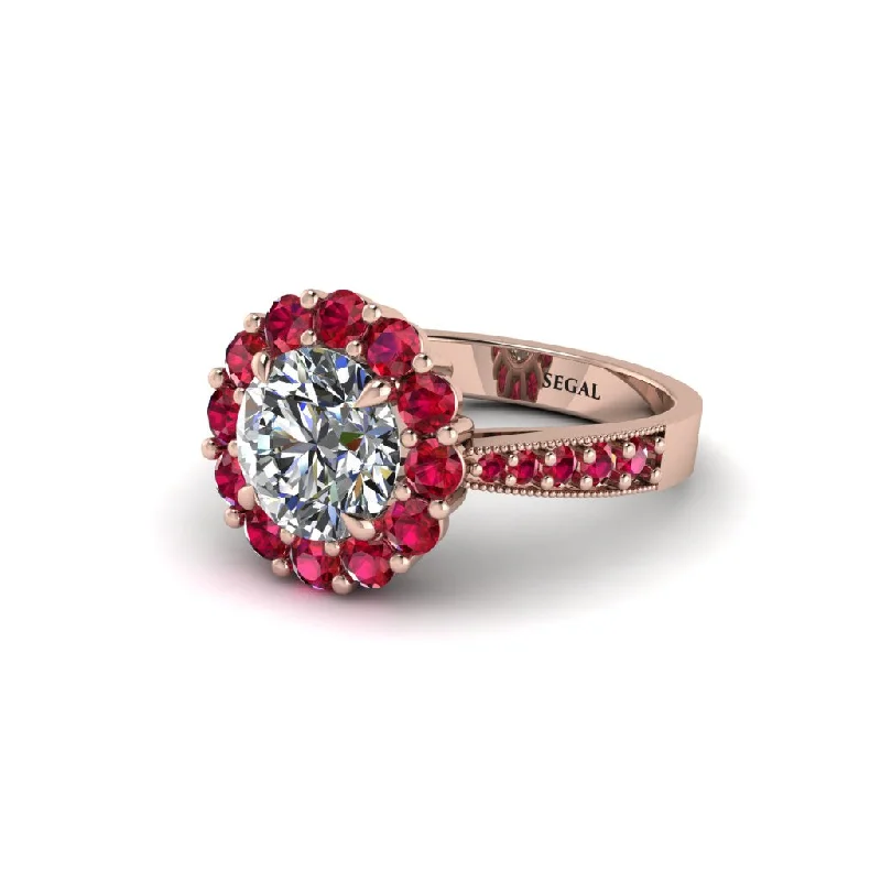 Women’s vintage wedding ring set-Ruby Round Halo Engagement Ring - Unity No. 47