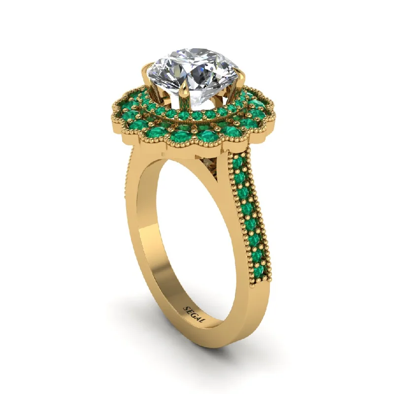 Women’s matching engagement ring set-Emerald Double Halo Cathedral Engagement Ring - Deirdre No. 16