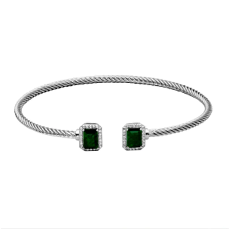 Women’s minimalist bangle-Sterling Silver Emerald Cut Dyed Green Corundum & White Topaz Cuff Bracelet by Samuel B.